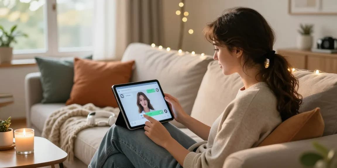 Cozy home scene with a woman engaging with her girlfriend AI on a tablet, highlighting digital companionship.