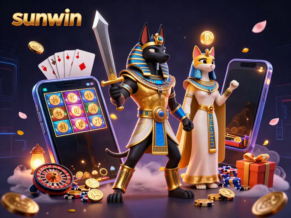 Experience thrilling gameplay with sunwin in this dynamic 3D casino scene featuring Anubis and Bastet.