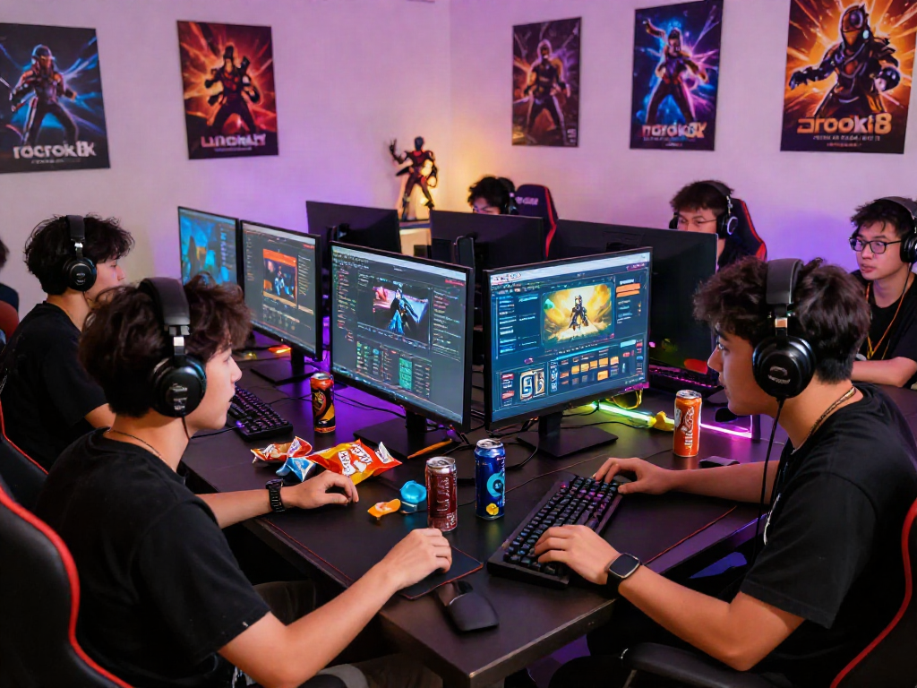Gamers passionately engaged with rokok88 platform in a vibrant room, showcasing competitive gameplay.