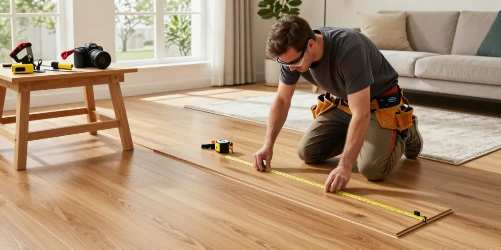 Carpenter laying wooden flooring, showcasing expert Bygg craftsmanship in a bright living room.