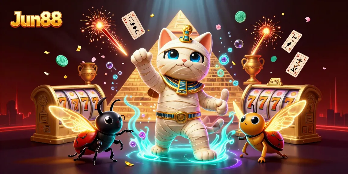 Experience the thrill of Jun88's vibrant casino world featuring a mummy cat and golden slot reels.