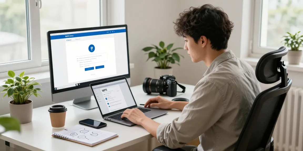 WPS Download in a modern home office with a young professional at work, featuring sleek desk setup and digital devices.