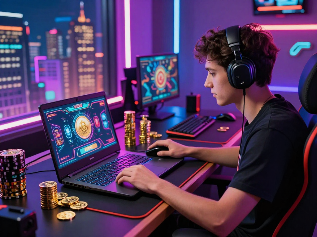 Engaged player in a crypto casino gaming session, surrounded by virtual coins and neon lights, showcasing an exciting online gaming experience.
