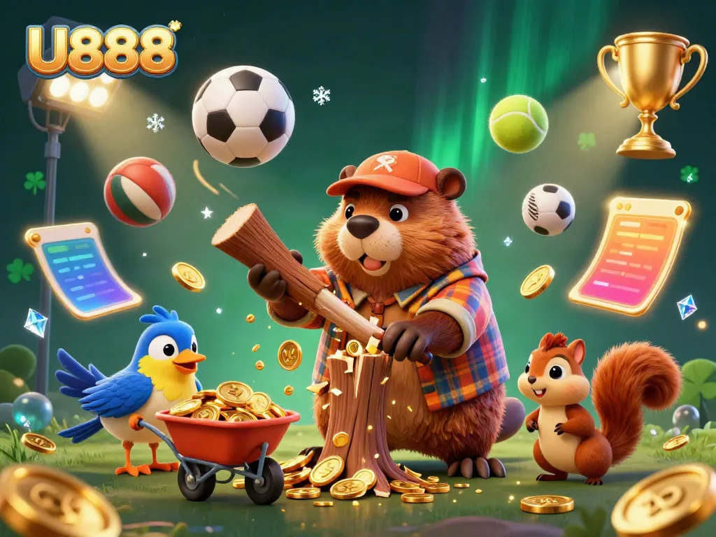U888 online casino features a beaver collecting gold coins while sports elements float around.