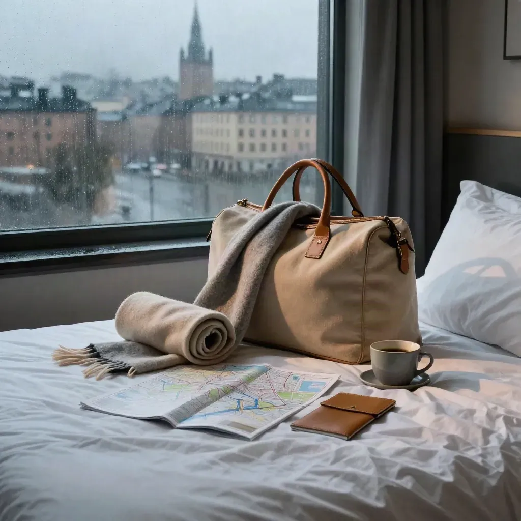 Resväska på hotellbädd med halsduk, tågpåse, kaffe och regnig Stockholmsvy.