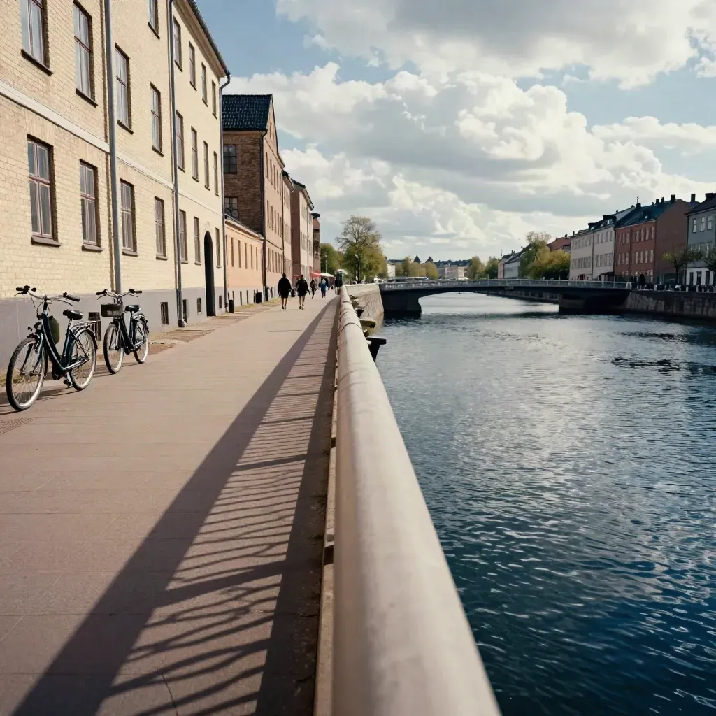 Malmös kanalpromenad med cyklar, ljusa fasader och solglittrande vatten från bron.