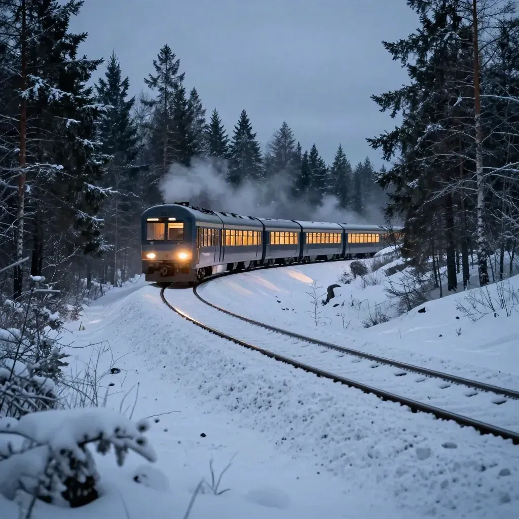 Tåg i Norrland i blå timmen, med varma fönsterljus, tallar och drivsnö.