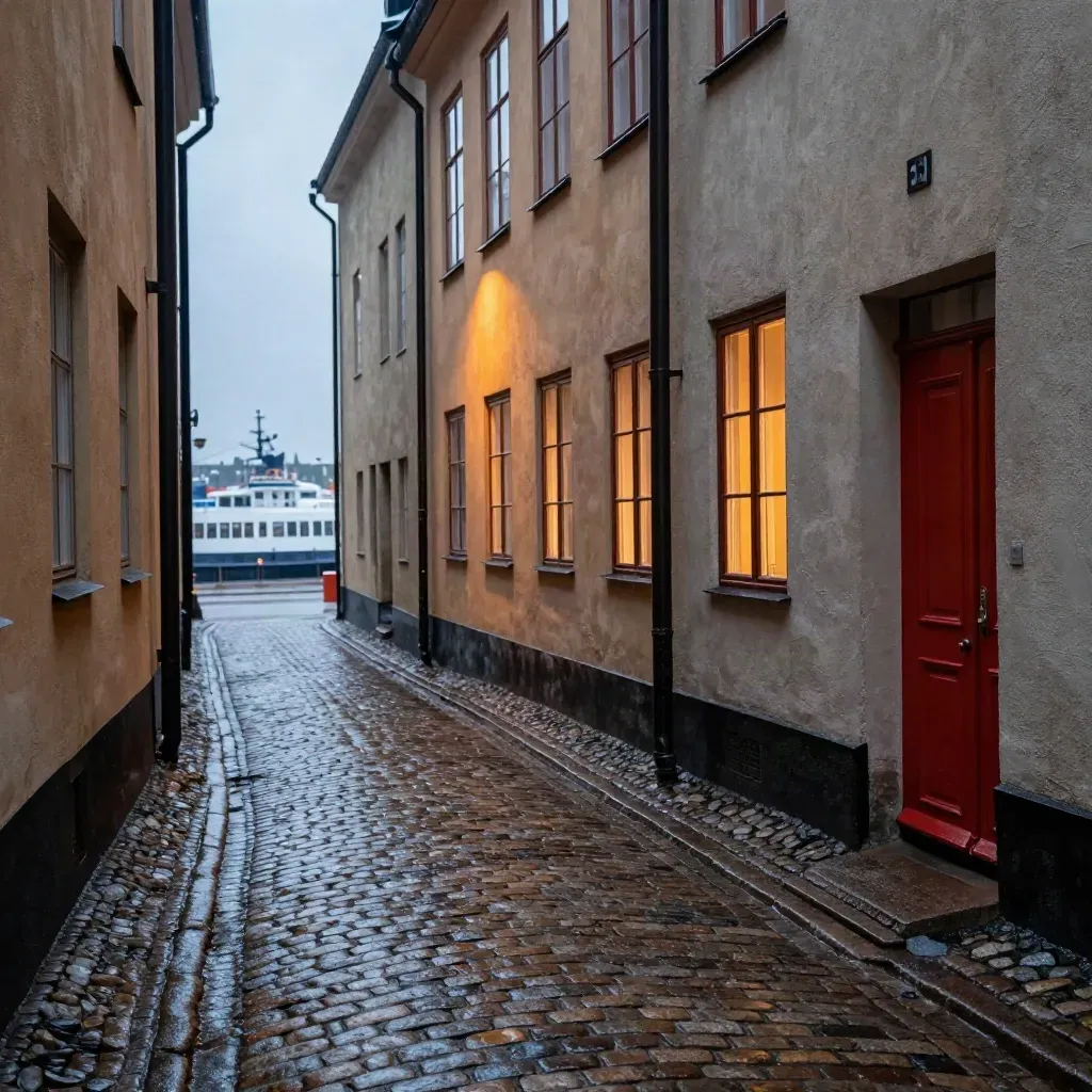 Regnblank gränd i Gamla stan med varma fönster och skymt av färjor.