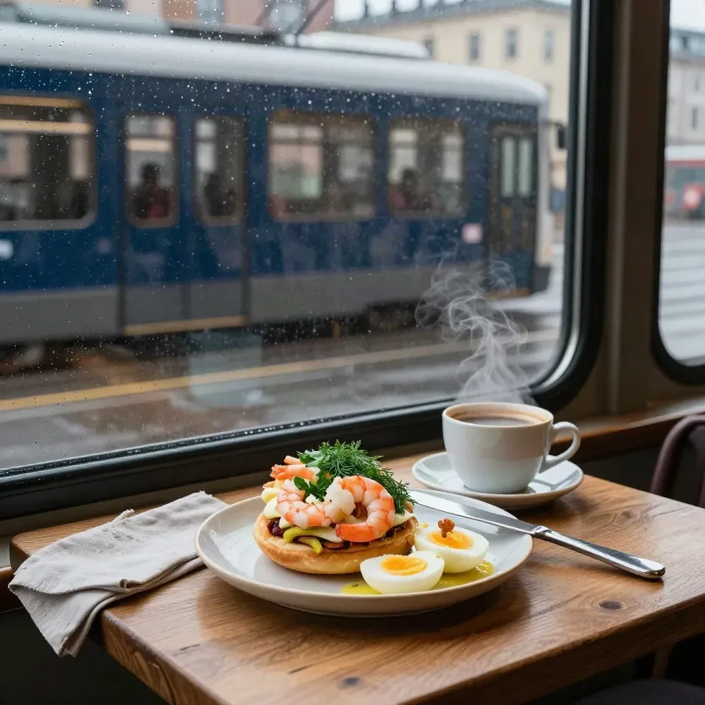 Räkmacka och kaffe vid ett regnigt spårvagnsfönster i Göteborg, med ånga och suddig gata.