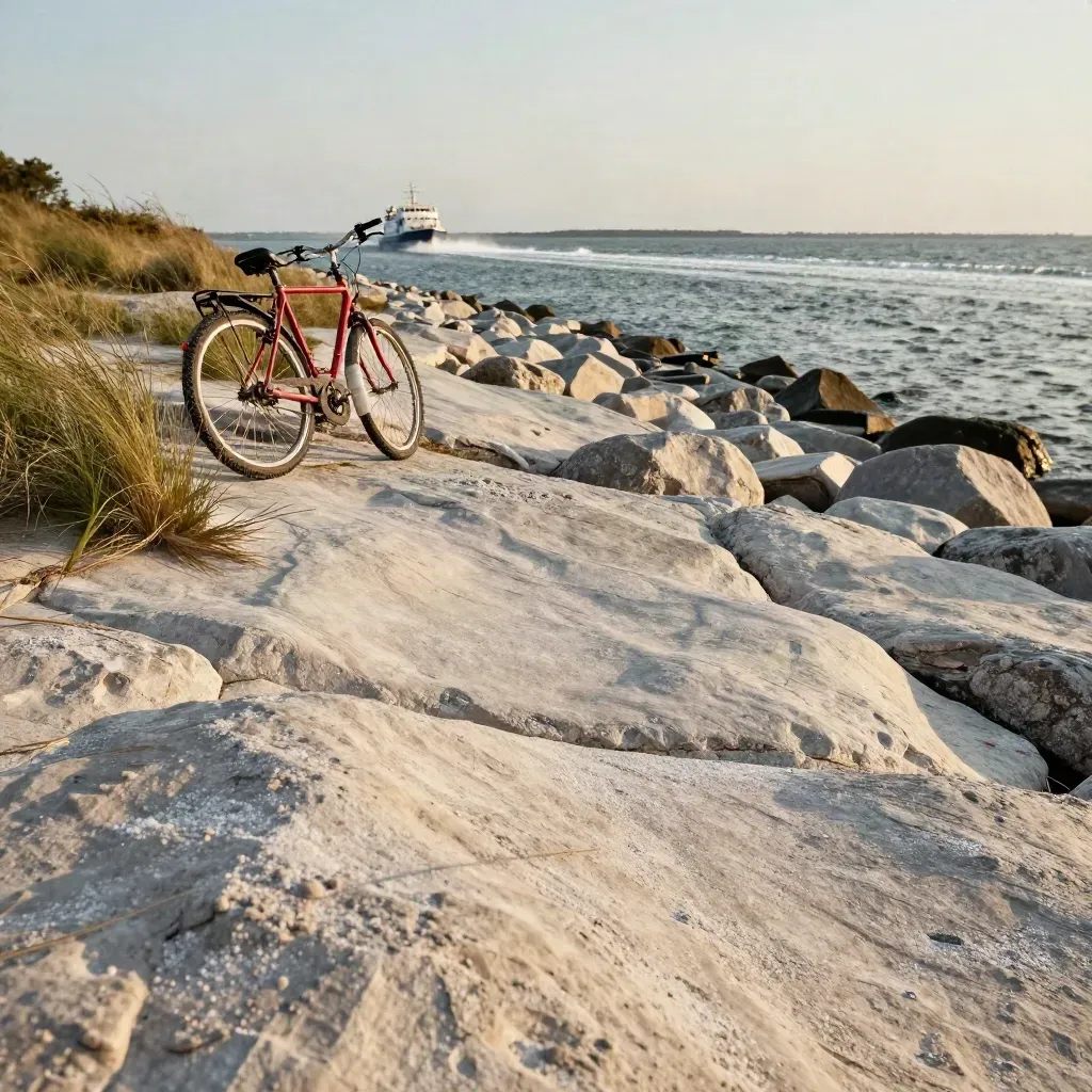 Gotländsk kalkstensstrand med cyklar, drivvåg och sena solstrålar i vinden.