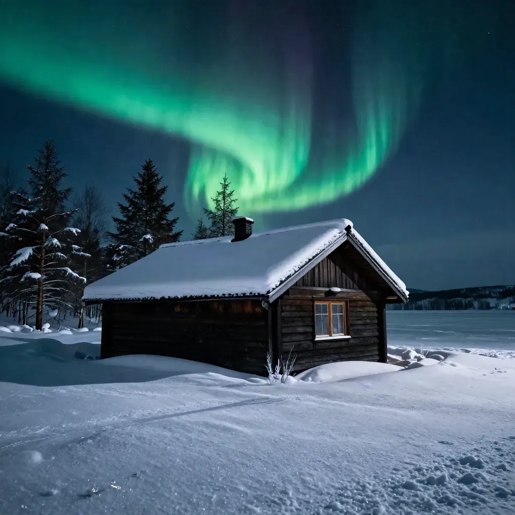 Vinterstuga i Kiruna med norrsken över snöfält och mörka granar.