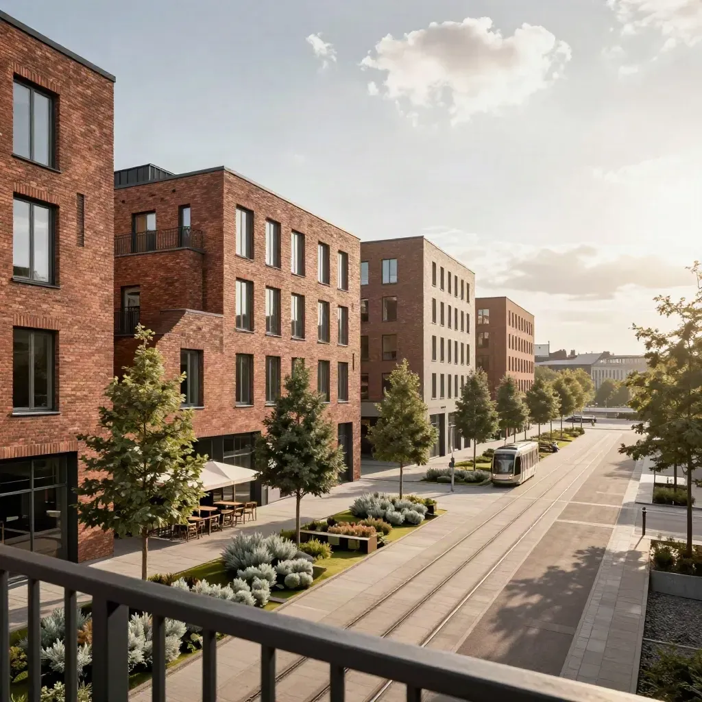 Malmös designkvarter med tegelhus, parkficka, caféparasoller och spårvagnsräls i sommarljus.