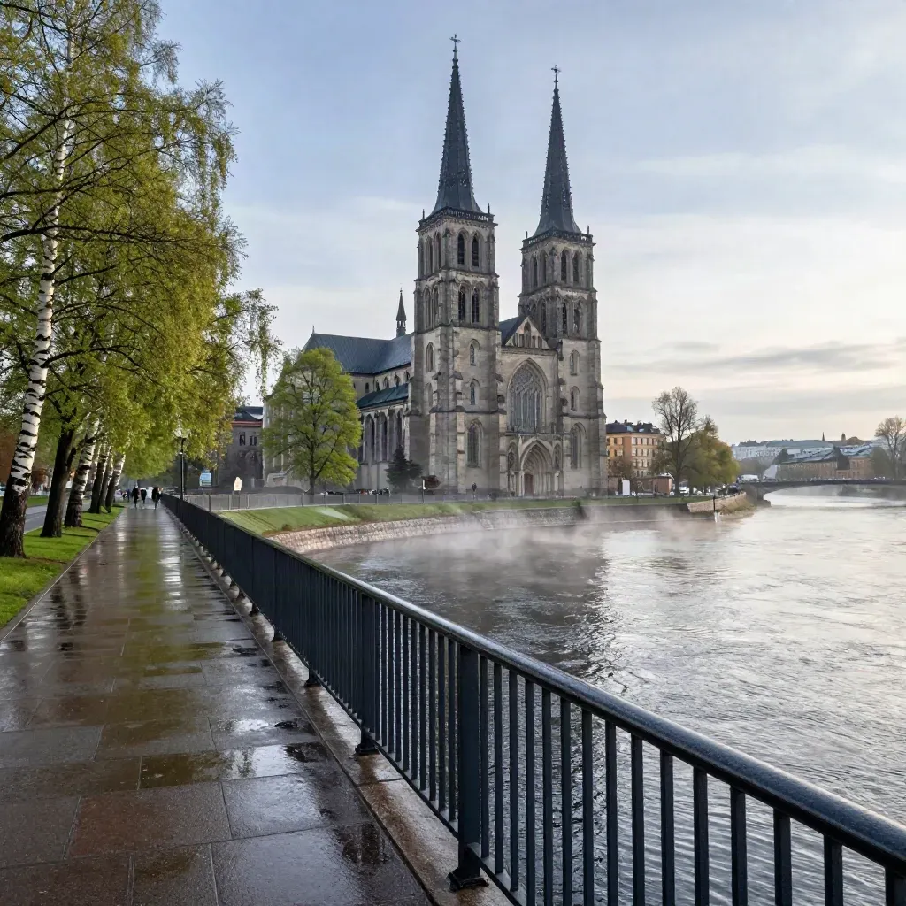 Uppsala domkyrka och Fyrisån i morgonljus efter regn, sett från stationssidan.