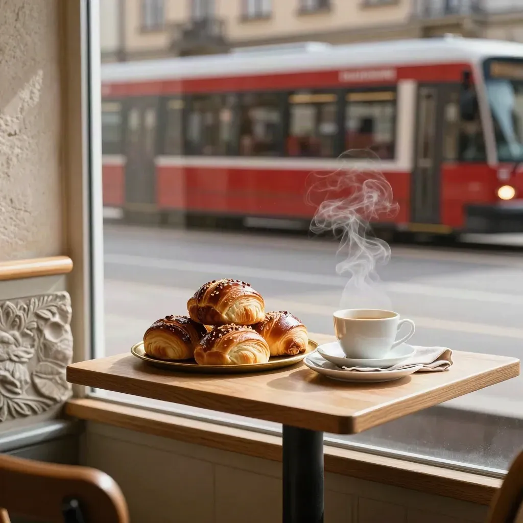 Bullar i ett Göteborgsfönster med en reflekterad spårvagn och varmt fikaljus.