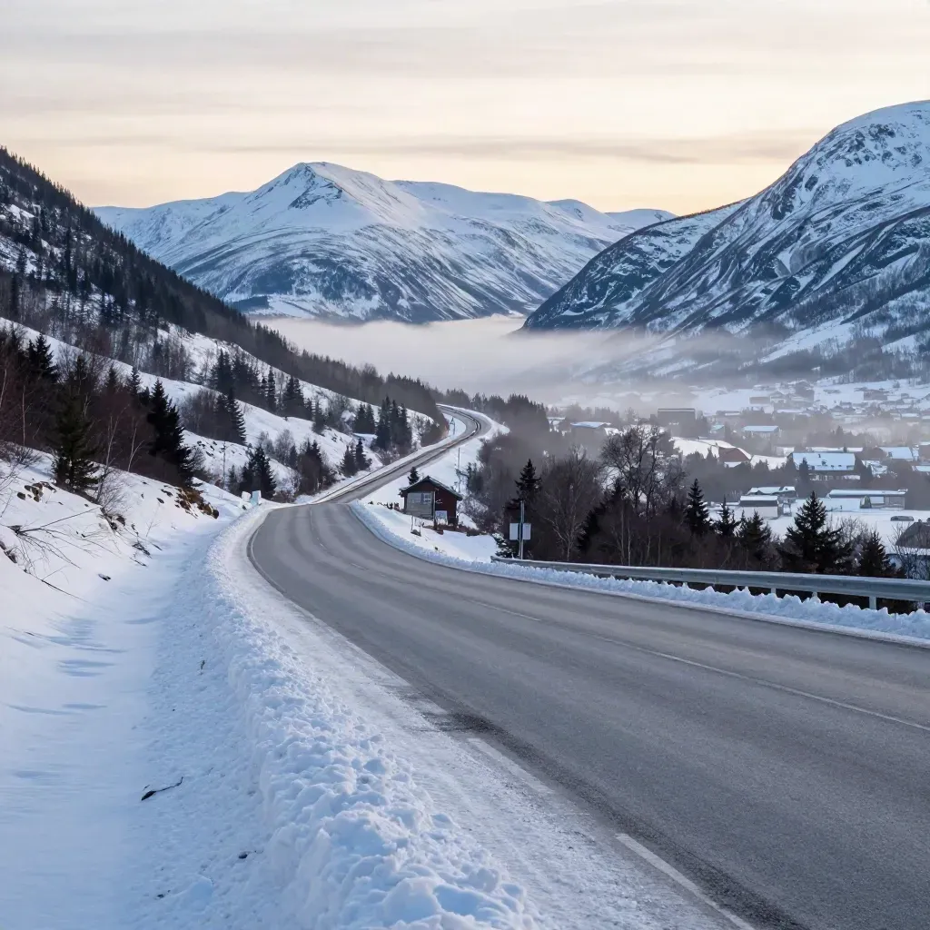 Vinterväg mot Åre med snövallar, järnväg och fjäll i morgondimma.