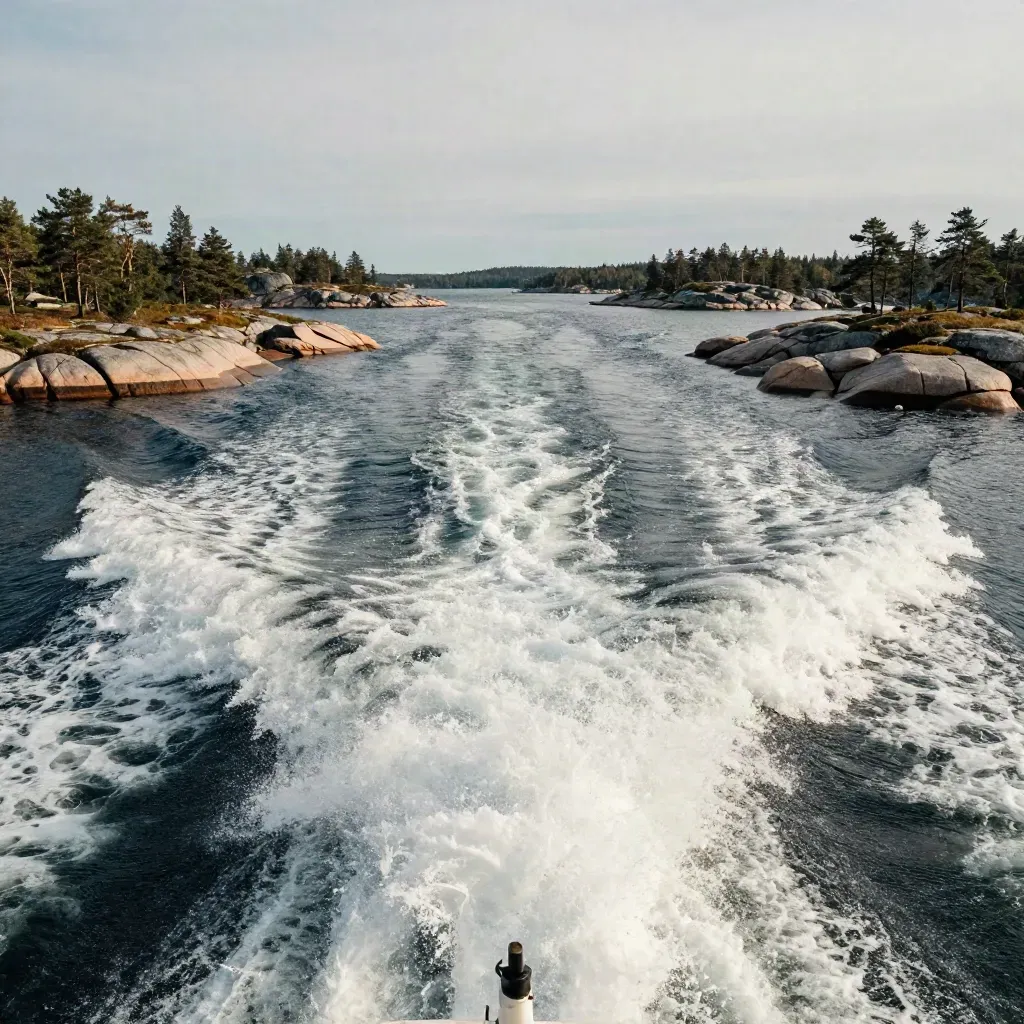 Färjans vita kölvatten ringlar mellan tallklädda öar och ljus granit.