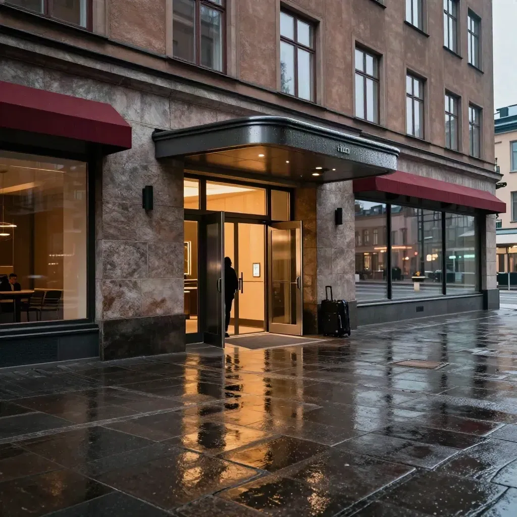 Hotellentré vid Stockholm Central i regn med varmt ljus och resväskor utanför.