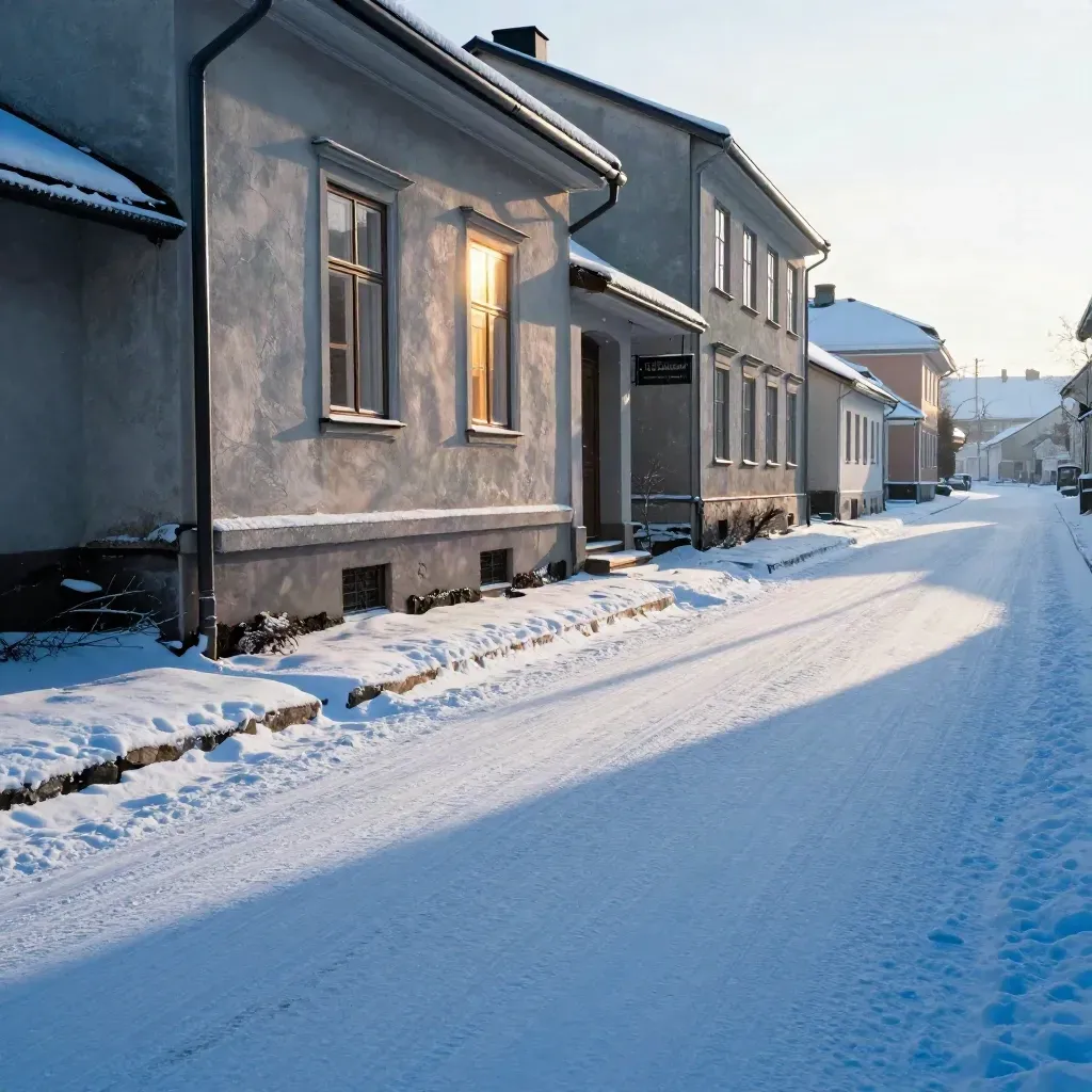 Vintergata i Sverige med blå skuggor, varm fönsterglöd och lågt soljus