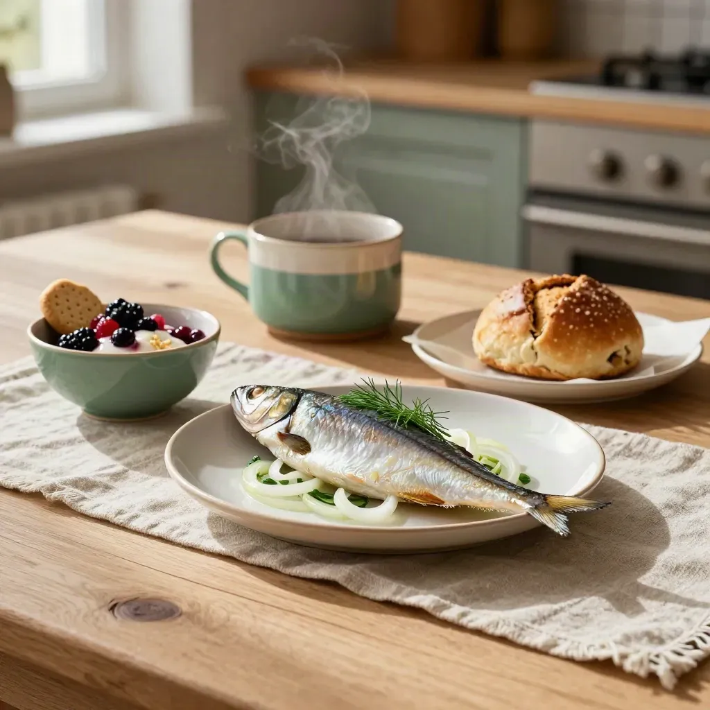 Svensk matbricka med sill, bärdessert, bulle och keramik på rustikt bord.