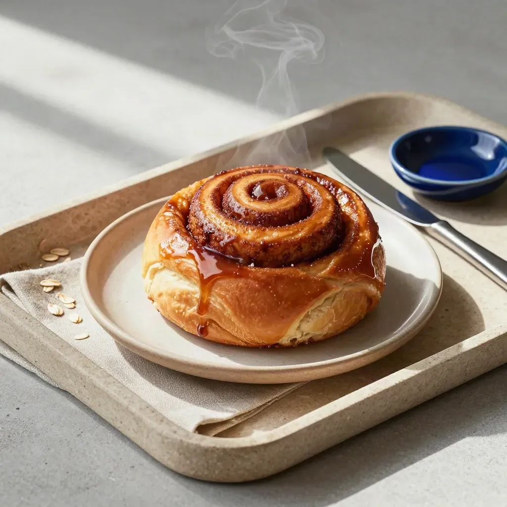 Cinnamonbulle på stengods med linneservett och smörkniv på neutral bricka.