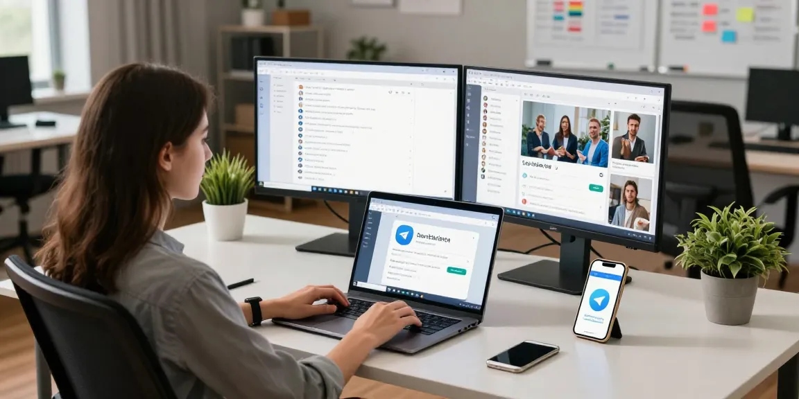 Using the Telegram web version on a laptop in a modern workspace, highlighting digital communication tools.