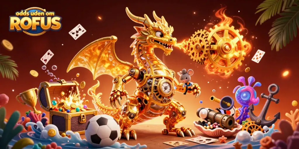 Engage with outstanding odds uden om ROFUS in a vibrant, action-packed 3D illustration of a dragon and betting elements.