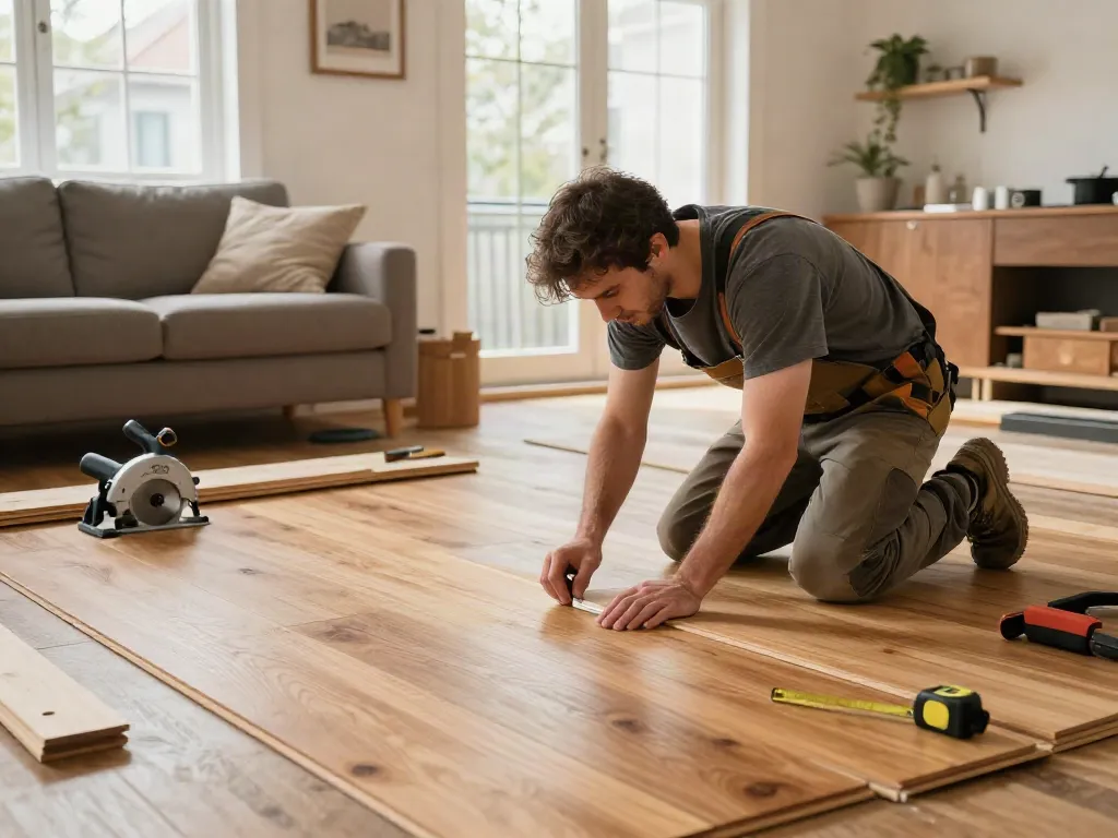 Skilled carpenter laying hardwood flooring in Bergen home improvement.