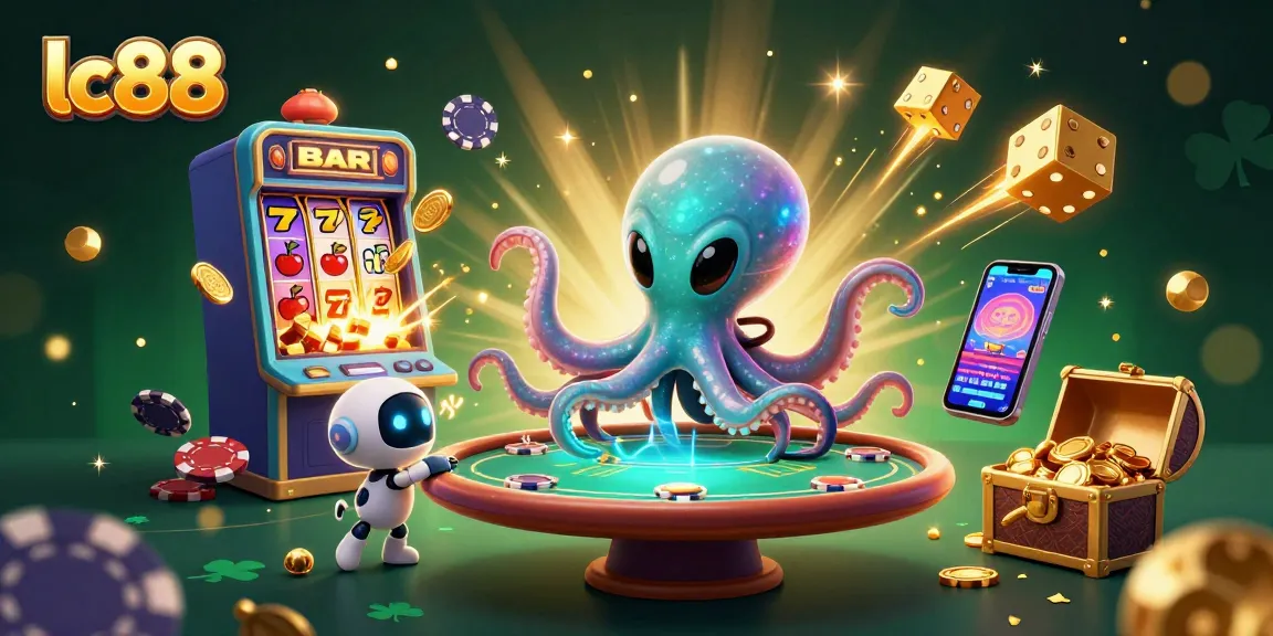 Experience thrilling gameplay at lc88 with an alien octopus at a poker table surrounded by exciting casino elements.