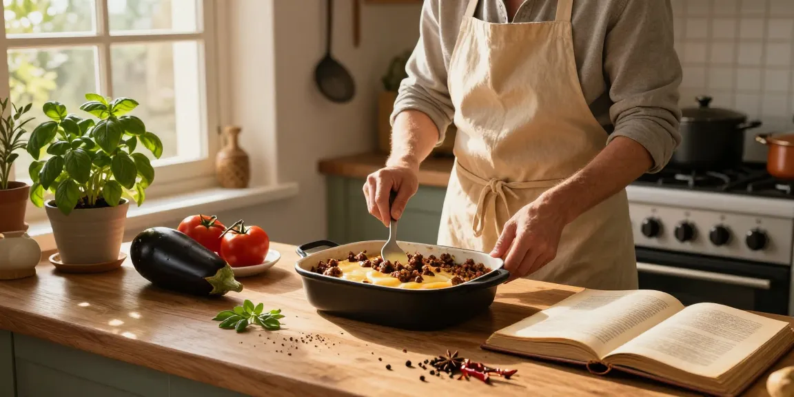 Recept Moussaka tillagad i ett rustikt kök med färska ingredienser och soligt ljus.