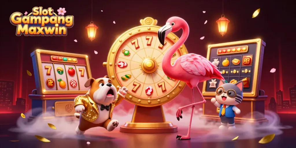 Spin the Slot Gampang Maxwin prize wheel amid lively casino action in this colorful 3D illustration.