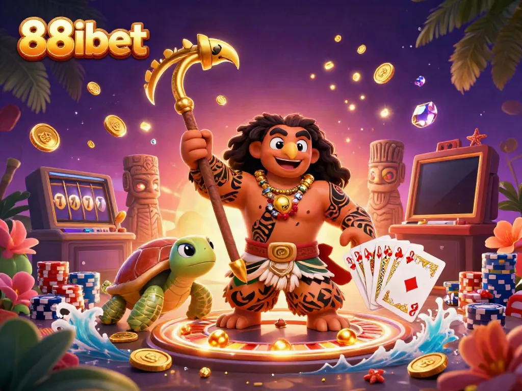 Engage with 88ibet's thrilling 3D casino experience featuring a demigod, turtle, and lavish casino elements.