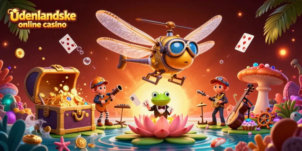 Engage with udenlandske online casino through a vibrant 3D scene featuring a helicopter pilot and croupier.