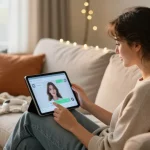 Cozy home scene with a woman engaging with her girlfriend AI on a tablet, highlighting digital companionship.