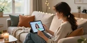 Cozy home scene with a woman engaging with her girlfriend AI on a tablet, highlighting digital companionship.