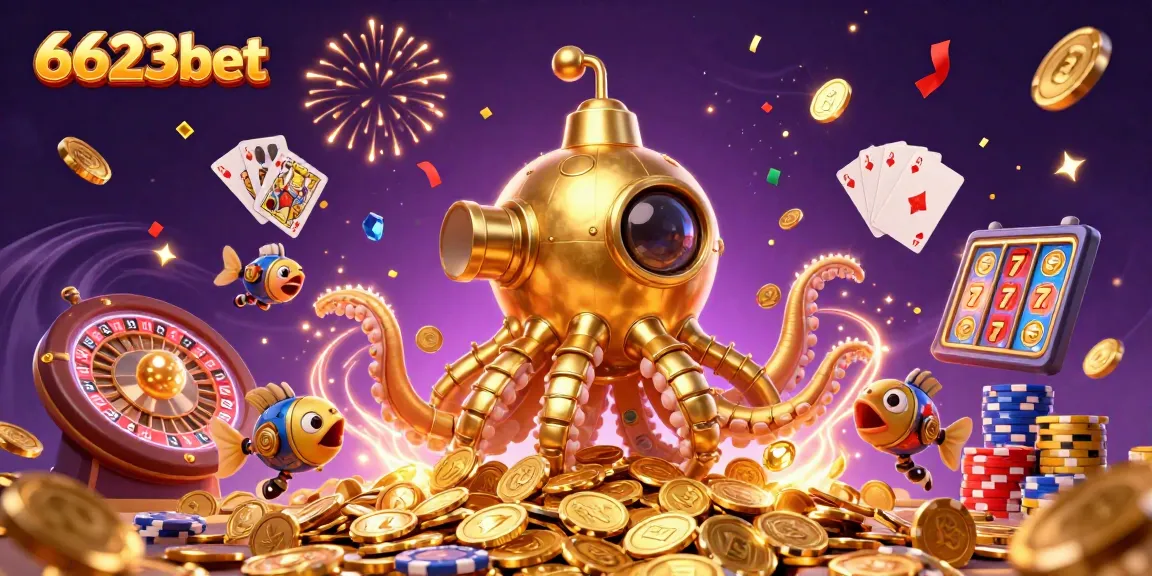 Experience excitement with 6623bet's thrilling 3D casino adventure, featuring a golden kraken and sparkling gems.