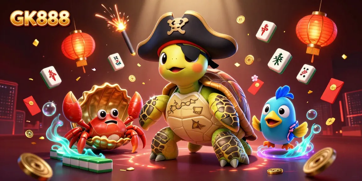 Experience GK888 casino excitement with cartoon turtle, crab, and parrotfish amidst festive elements.