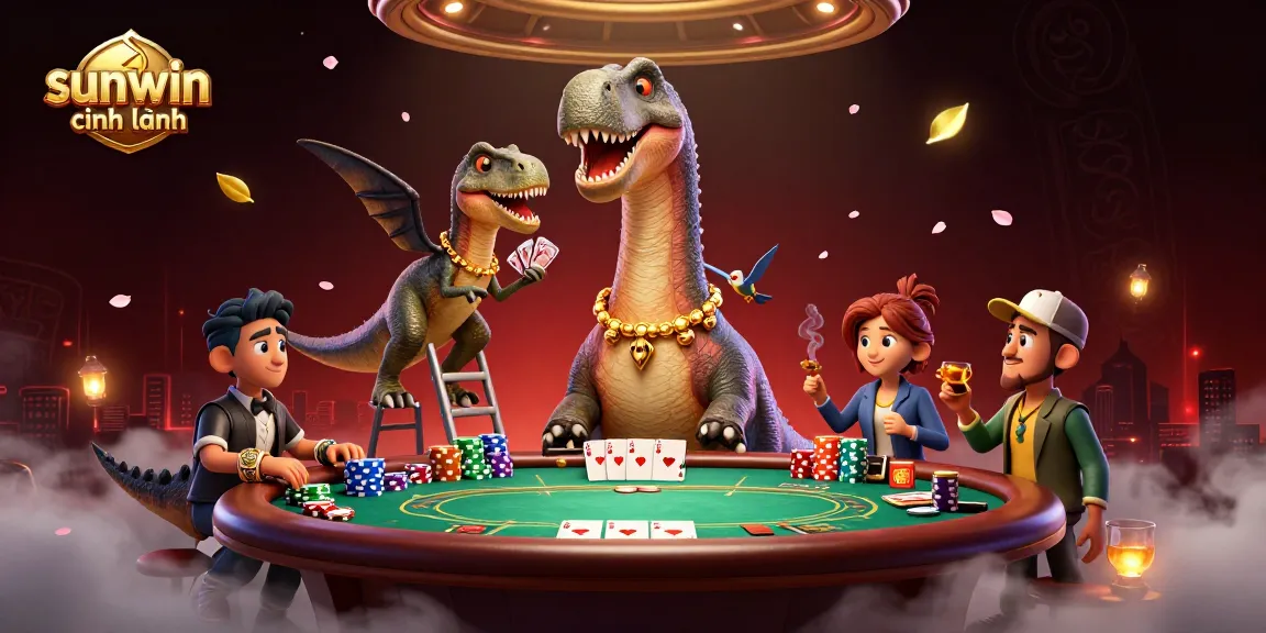 Engage in thrilling gameplay at sunwin chính hãng with a vibrant casino scene featuring a giant brontosaurus and clever dealer.