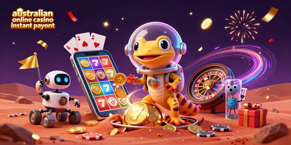 Australian online casino instant payout illustrated scene with a Martian gecko discovering a buried casino, highlighting exciting gameplay.
