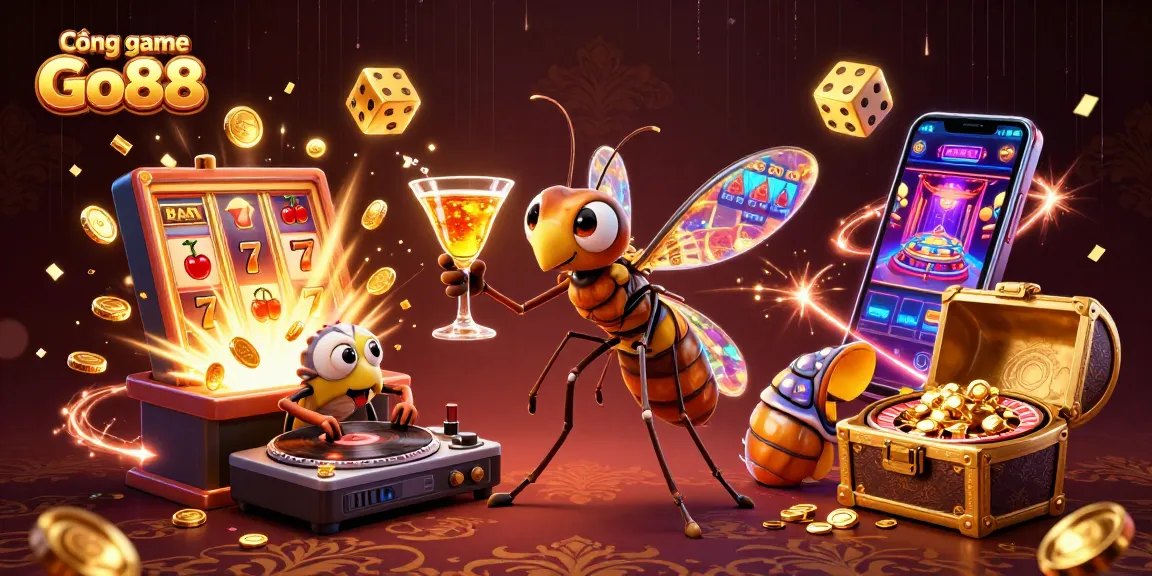 Engage with Cổng game Go88's lively casino scene showcasing a frozen mosquito mascot and fossil DJ.