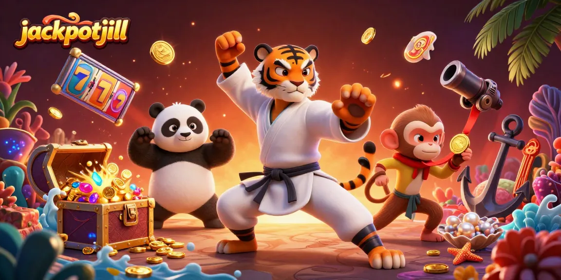Jackpotjill's vibrant 3D casino scene illustrates a kung fu tiger, panda disciple, and monkey student with slot reels.